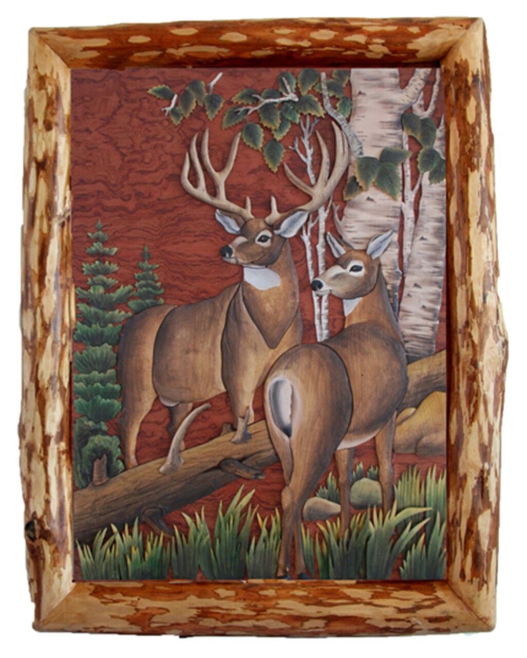 Deer in Woods Hand Crafted Intarsia Wood Art Wall Hanging 28 X 30 X 4 Inches